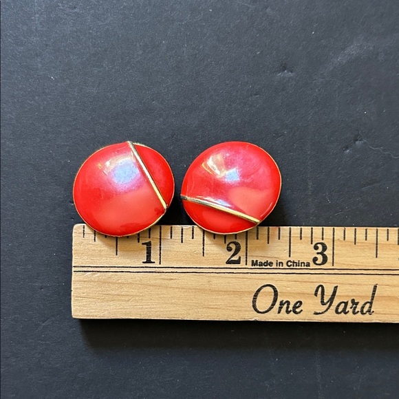 Chic Vintage Red and Gold Statement Button Earrings, For Pierces Ears - Picture 8 of 8